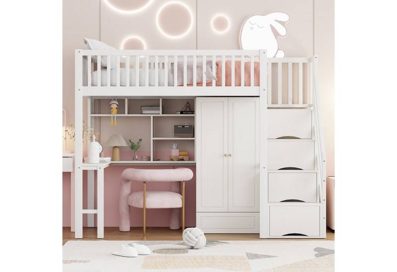 STILVORA Hochbett Jugendbett 90x200 mit Stauraum Kinderbett mit Kleiderschrank & Zäune (90 x 200 cm, Stauraum Treppe Mehrzweckbetteinheit Holzbettgestell 90 x 200 cm) mit Matratze von STILVORA