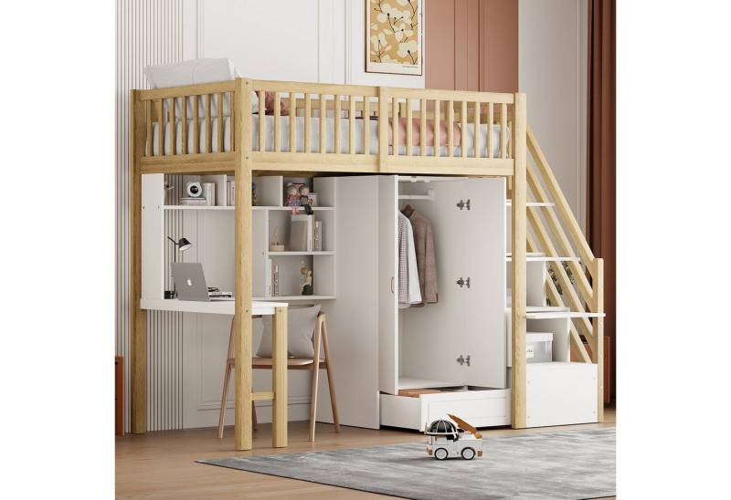 STILVORA Hochbett Jugendbett 90x200 mit Stauraum Kinderbett mit Kleiderschrank & Zäune (90 x 200 cm, Stauraum Treppe Mehrzweckbetteinheit Holzbettgestell 90 x 200 cm) ohne Matratze von STILVORA