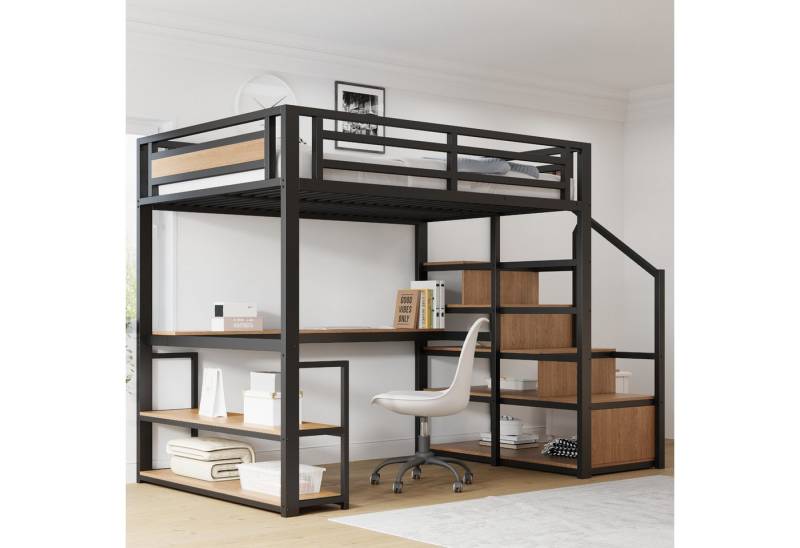 STILVORA Hochbett Metallbett 140×200 Jugendbett mit Schreibtisch,Kinderbett mit Stauraum (mit Sicherheitszaun, Stauraumleiter und integriertem Tisch, Robuster Eisenrahmen für Kinder & Erwachsene, Platzsparend & Multifunktional., 140x200 Metall-Hochbet) ohne Matratze von STILVORA