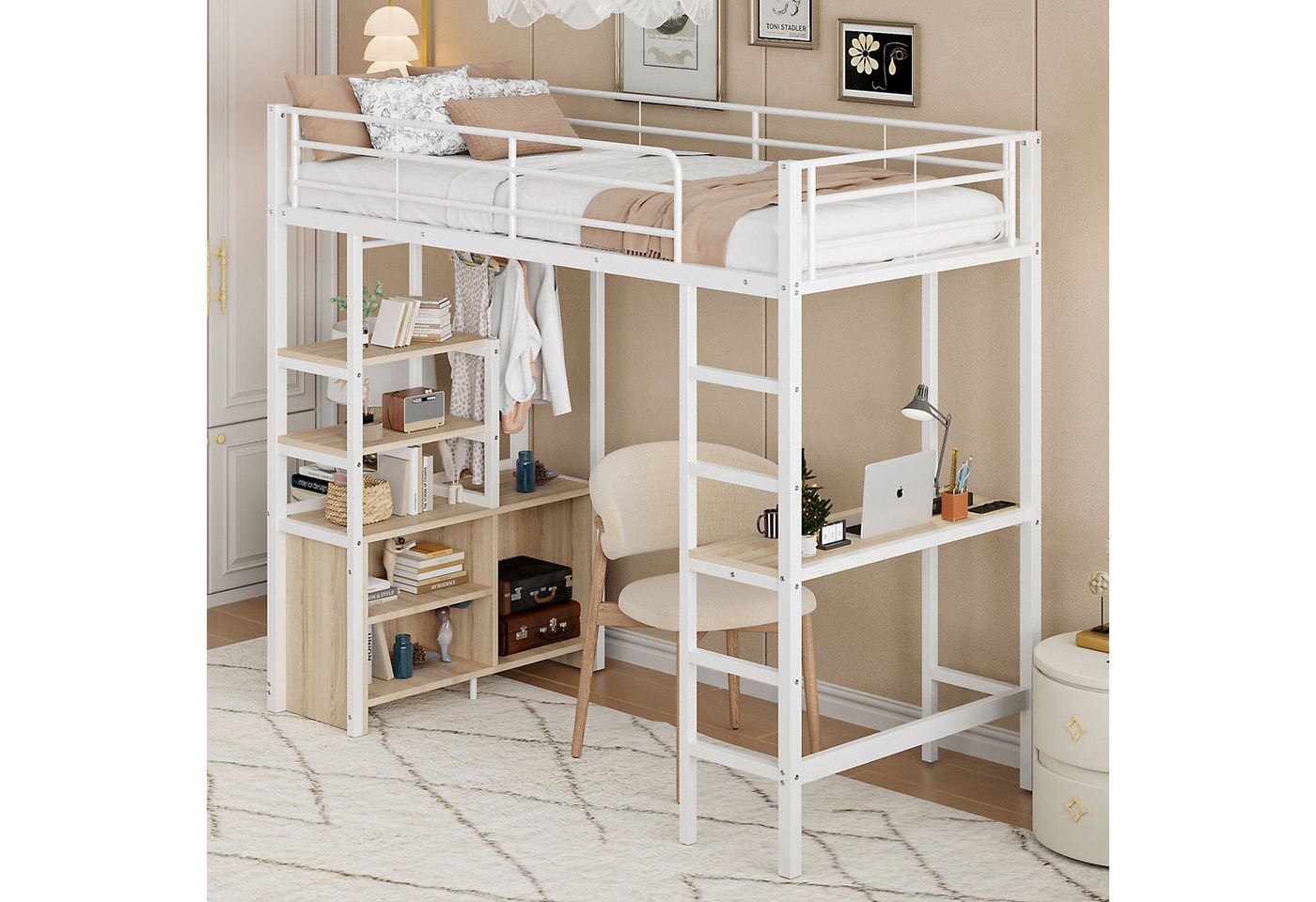 STILVORA Hochbett erwachsene 90×200 mit Schreibtisch,Jugendbett mit USB,ohne matratze (mit Schreibtisch, USB-Anschluss, Stauraumregale & Geländer, für Kinder & Jugendliche 90x200 cm) Ohne Matratze von STILVORA