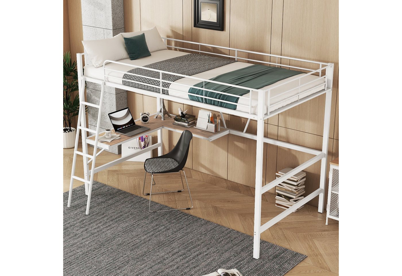 STILVORA Hochbett erwachsene 90x200 mit matratze&Schreibtisch,Jugendbett mit Lattenrost (mit L-förmigem Schreibtisch und einem Regal, für Kinder, Jugendliche und Erwachsene 90x200cm) mit Matratze von STILVORA