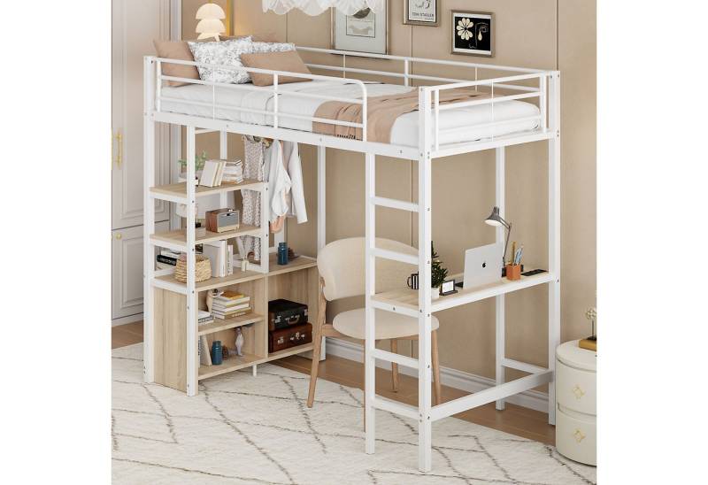 STILVORA Hochbett erwachsene 90×200 mit matratze und Schreibtisch,Jugendbett mit USB (mit Schreibtisch, USB-Anschluss, Stauraumregale & Geländer, für Kinder & Jugendliche 90x200 cm) Mit Matratze von STILVORA