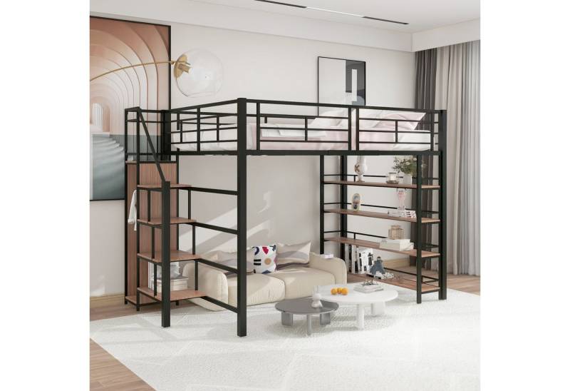 STILVORA Hochbett mit Regalen,140×200 Jugendbett Eisenbett mit Kleiderschrank&Treppe (mit Sicherheitstreppe, Stauraum und kleinem Kleiderschrank, mit Einlegeböden, hohes Zaundesign, Einzelbett, Jugendbett) ohne Matratze von STILVORA