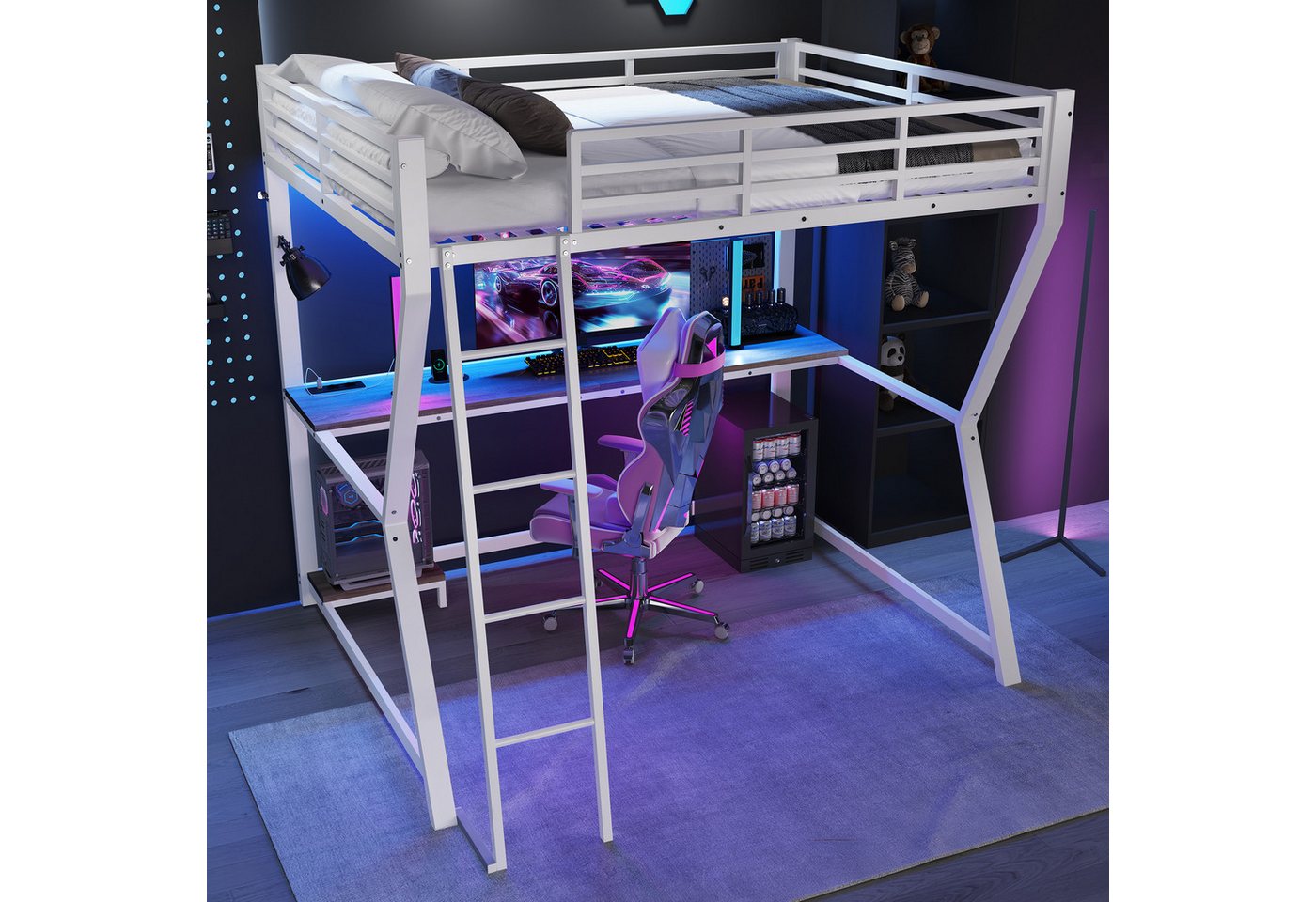 STILVORA Hochbett mit Schreibtisch,140×200 Jugendbett Bettgestell mit LED&Steckdose (mit USB-Steckdose, Treppe & Computerkonsolenablage, 140x200 cm) ohne Matratze von STILVORA
