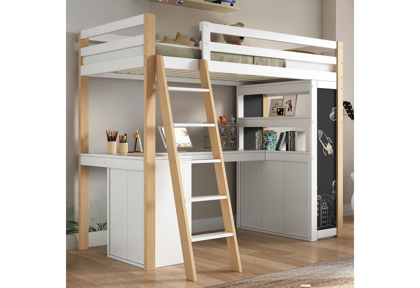 STILVORA Hochbett mit Tafel,90×200 Kinderbett Jugendbett mit Schreibtisch&6 Schubladen (Etagenbett, 1-St., 90*200cm, ohne Matratze) Mit Leiter, Schreibtisch, Ablagefach, Schublade, Tafel, Regal von STILVORA