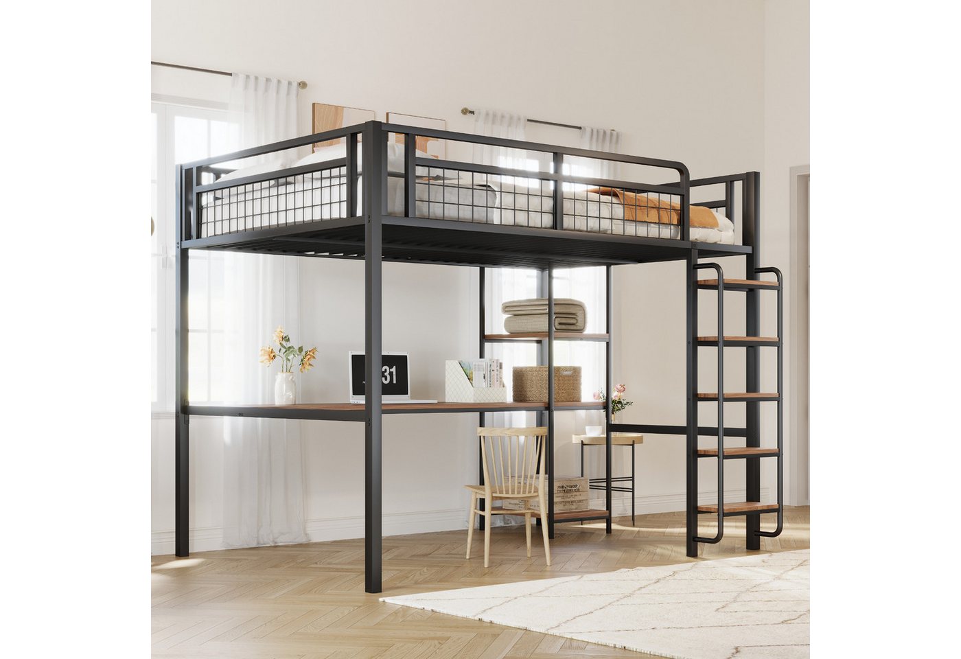 STILVORA Hochbett mit Tisch®al,140x200 Eisenbett Jugendbett mit Geländer&Matratze (Metall-Hochbett,mit einzigartiger Sicherheitsleiter, integriertem Tisch und Regalen, robustem Metallgestell und Sicherheitsgitter für Kinder- und Jugendzimmer., 140x200 cm) ohne Matratze von STILVORA