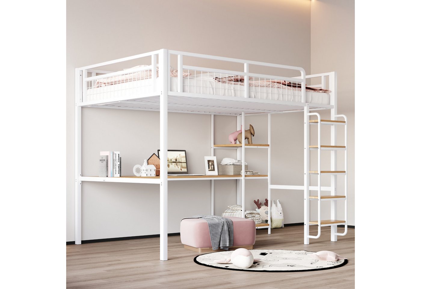 STILVORA Hochbett mit Tisch®al,140x200 Eisenbett Jugendbett mit Sicherheitszaun (Metall-Hochbett,mit einzigartiger Sicherheitsleiter, integriertem Tisch und Regalen, robustem Metallgestell und Sicherheitsgitter für Kinder- und Jugendzimmer., 140x200 cm) ohne Matratze von STILVORA