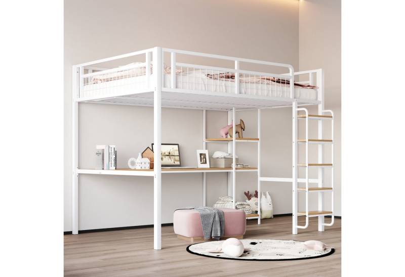 STILVORA Hochbett mit Tisch®al,140x200 Eisenbett Jugendbett mit Sicherheitszaun (Metall-Hochbett,mit einzigartiger Sicherheitsleiter, integriertem Tisch und Regalen, robustem Metallgestell und Sicherheitsgitter für Kinder- und Jugendzimmer., 140x200 cm) ohne Matratze von STILVORA