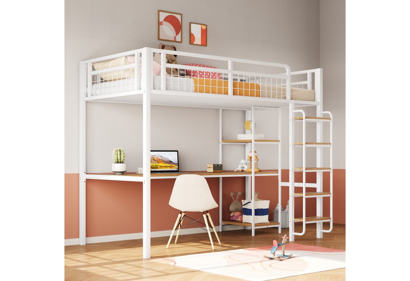STILVORA Hochbett mit Tisch®al,90x200 Eisenbett Jugendbett mit Sicherheitszaun (Metall-Hochbett,mit einzigartiger Sicherheitsleiter, integriertem Tisch und Regalen, robustem Metallgestell und Sicherheitsgitter für Kinder- und Jugendzimmer., 90x200 cm) ohne Matratze von STILVORA