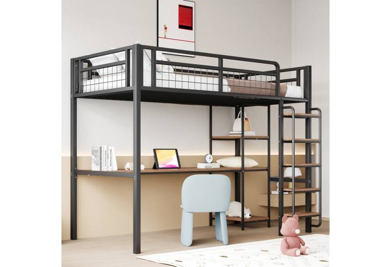 STILVORA Hochbett mit Tisch®al,90x200 Eisenbett Jugendbett mit Sicherheitszaun (Metall-Hochbett,mit einzigartiger Sicherheitsleiter, integriertem Tisch und Regalen, robustem Metallgestell und Sicherheitsgitter für Kinder- und Jugendzimmer., 90x200 cm) ohne Matratze von STILVORA