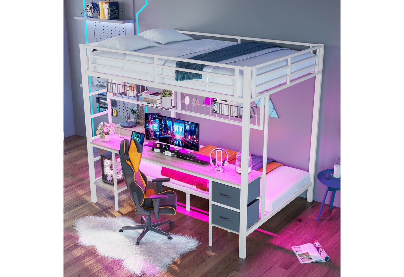 STILVORA Hochbett mit schreibtisch,Etagenbett 140×200 & 90×200 mit matratze, LED & USB STILVORA Hochbett mit schreibtisch,Etagenbett 140×200 & 90×200 mit matratze, LED & USB von STILVORA