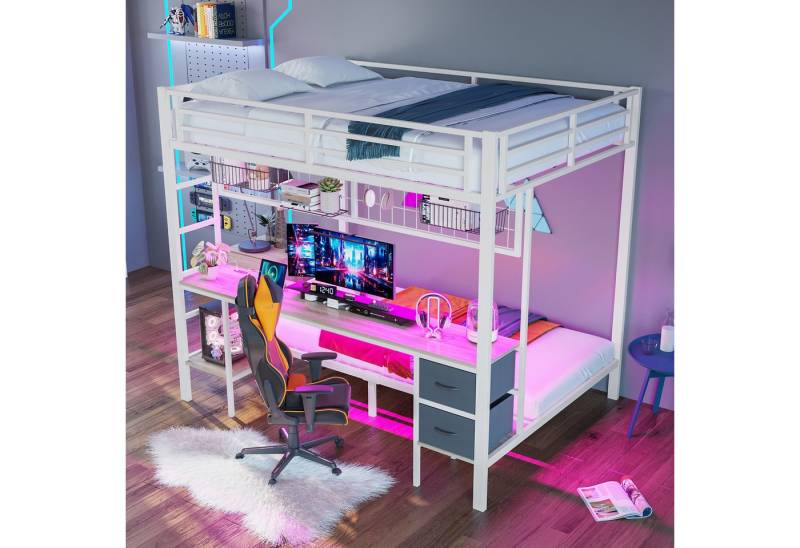 STILVORA Hochbett mit schreibtisch,Etagenbett 140×200 & 90×200 mit matratze, LED & USB von STILVORA