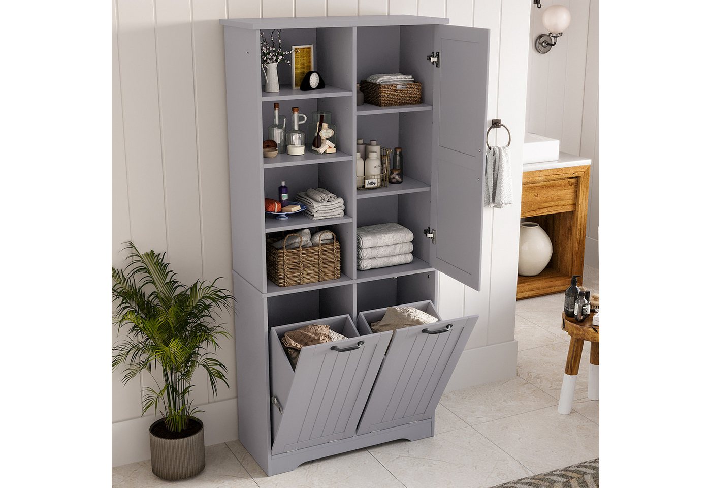 STILVORA Hochschrank grau badezimmerschrank hochschrank mit versteckter Wäschekorb,Regale (Badezimmerschrank 78 x 35 x 172 cm mit Feuchtigkeitsbeständigem Lack, Doppelm Wäschekorb, Verstellbaren Regalen & Viel Stauraum) STILVORA Hochschrank grau badezimmerschrank hochschrank mit versteckter Wäschekorb,Regale (Badezimmerschrank 78 x 35 x 172 cm mit Feuchtigkeitsbeständigem Lack, Doppelm Wäschekorb, Verstellbaren Regalen & Viel Stauraum) von STILVORA
