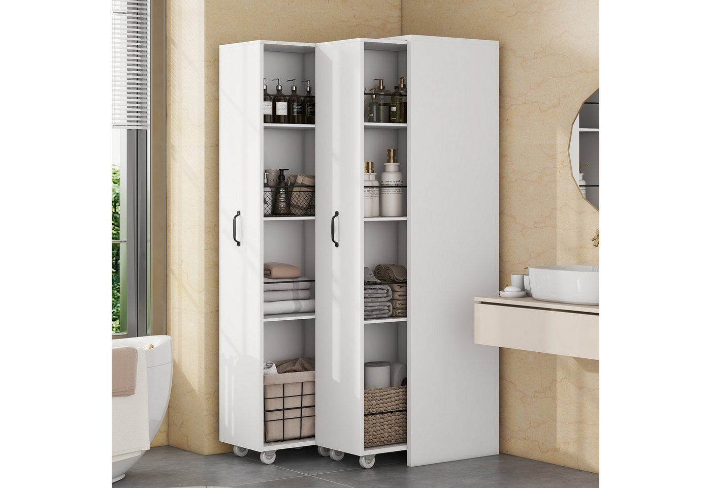 STILVORA Hochschrank mit Rollen,Badezimmerschrank Bücherregal Links&rechts austauschbar,MDF (Erweiterbares Highboard, 1-St., 4 Ebenen, MDF) Links und rechts austauschbar von STILVORA