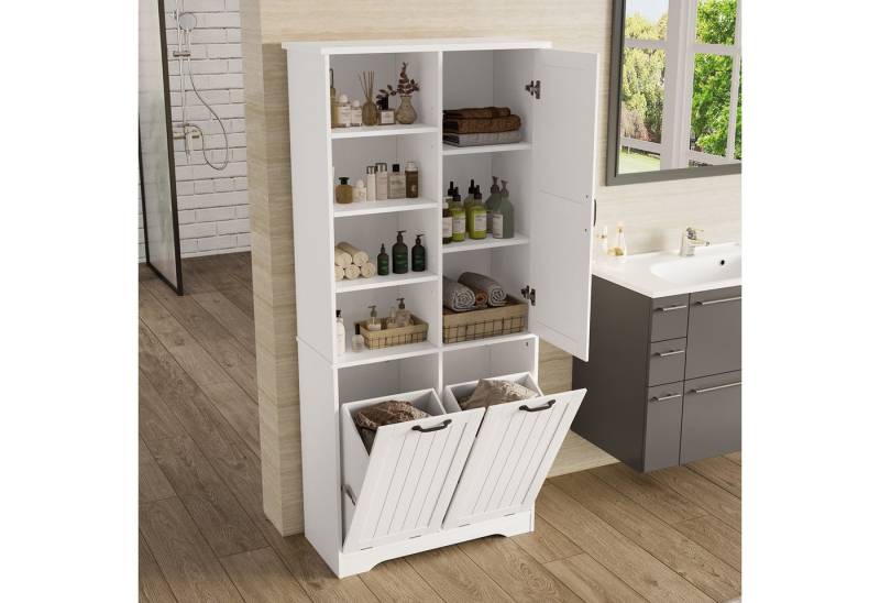 STILVORA Hochschrank weiß badezimmerschrank hochschrank mit versteckter Wäschekorb,Regale (Badezimmerschrank 78 x 35 x 172 cm mit Feuchtigkeitsbeständigem Lack, Doppelm Wäschekorb, Verstellbaren Regalen & Viel Stauraum) von STILVORA