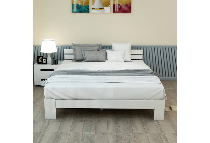 STILVORA Holzbett 140×200 mit Kopfteil,Bettgestell Holzbett mit Lattenrost,Weiß (Bettgestell 140 x 200 cm), Weiß von STILVORA