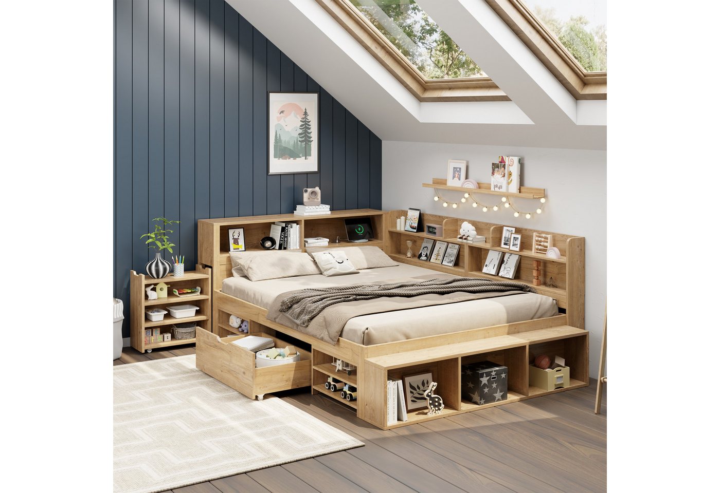 STILVORA Holzbett 140x200 mit Schublade,Jugendbett Stauraumbett mit Lattenrost&Matratze (Stauraumbett, Kinderbett, 1-tlg., 140*200 cm, ohne Matratze), mit ausziehbarer Nachttisch Schubladen, Regal und Stauschrank von STILVORA