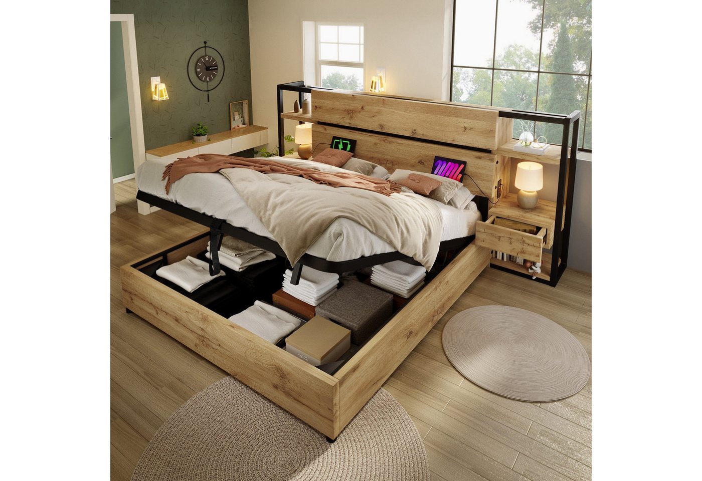STILVORA Holzbett 180×200 mit Stauraumkopfteil,Doppelbett mit Schubladen,USB&Type-C (Doppelbett, 1-tlg., 180×200cm, Ohne Matratze), mit USB&Type-C Ladeanschluss von STILVORA