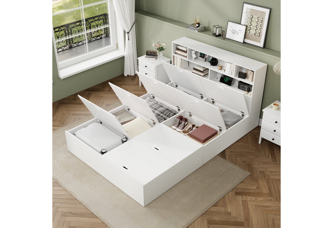 STILVORA Jugendbett 140×200 mit matratze,Doppelbett Massivholzbett mit USB-Anschluss (Kinderbett, Jugendbett, Stauraumbett, 1-tlg., 140*200cm, ohne Matratze), mit USB-Anschluss, Aufbewahrungsbox unter dem Bett von STILVORA