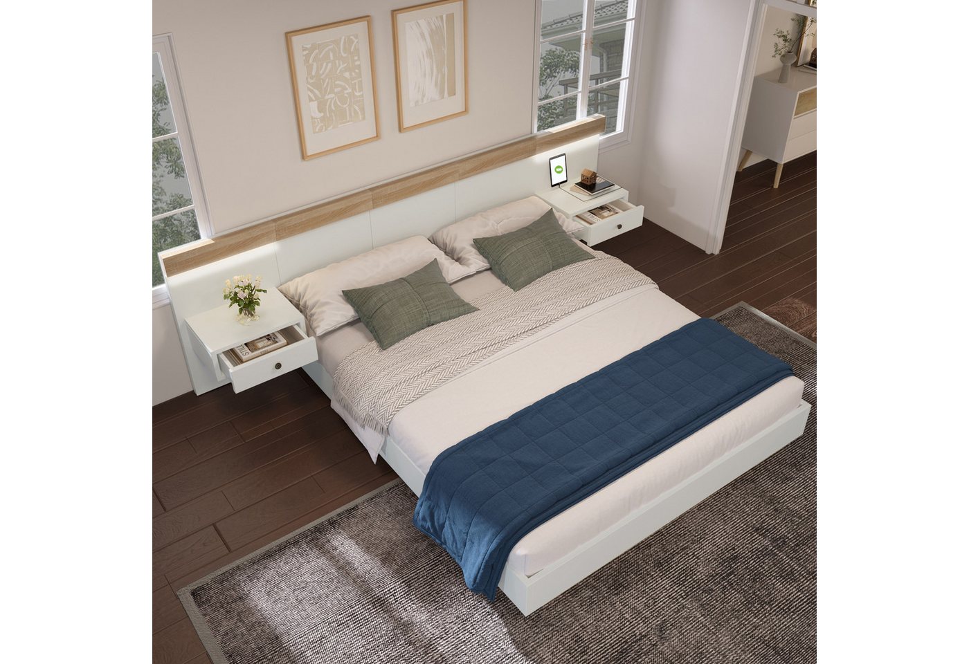 STILVORA Jugendbett 160×200 mit Nachttischen,Bettgestell Holzbett mit LED-Leucht&USB-C (Kiefernholz Doppelbett 2 Nachttische mit LED und Steckdose), 160x200cm von STILVORA