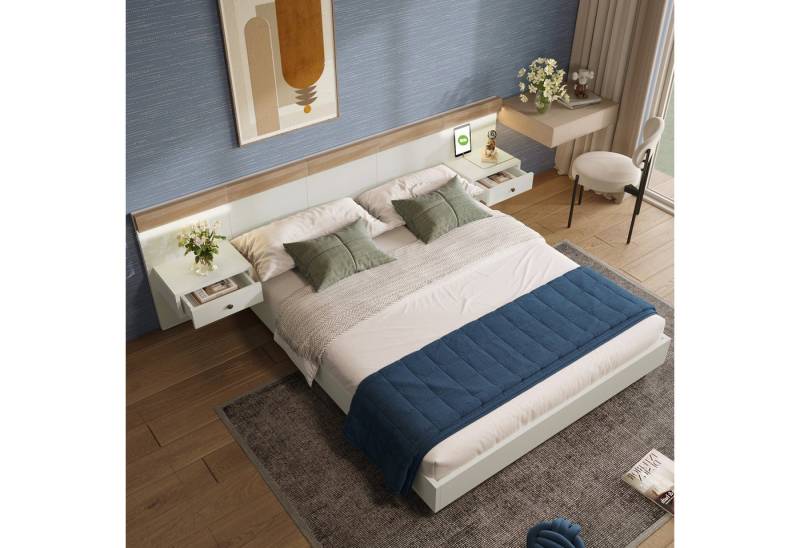 STILVORA Jugendbett 180×200 mit Nachttischen,Bettgestell Holzbett mit LED-Leucht&USB-C (Kiefernholz Doppelbett 2 Nachttische mit LED und Steckdose), 180x200cm von STILVORA