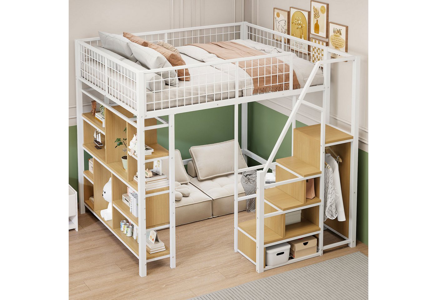STILVORA Kinderbett 140x200 Jugendbett mit Ablageflächen&Treppe,Stauraumbett aus Metall (Stauraumbett,  mit Stauraumtreppe, Einbauschrank und großem Arbeitsbereich, 140 x 200 cm), ohne Matratze von STILVORA