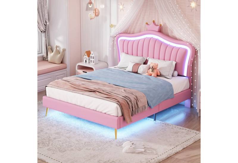 STILVORA Kinderbett 140x200 Polsterbet mit Matratze,Jugendbett mit LED-Leuchten&Lattenrost (Kronen-Doppelbettgestell aus Leder mit LED-Leuchten, Lattenrost und Rückenlehne, Matratze nicht enthaltet 140 x 200 cm), Mit Matratze von STILVORA