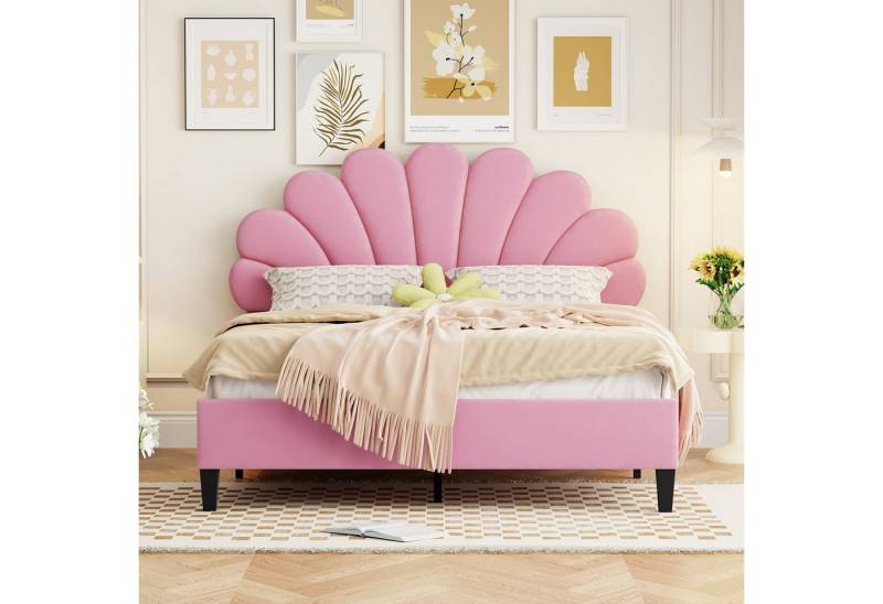 STILVORA Kinderbett 140x200 Polsterbett Gästebett mit Lattenrost,Jugendbett ohne Matratze (Samtstoff, mit blumenförmigem Kopfteil und Lattenrost), Ohne Matratze von STILVORA