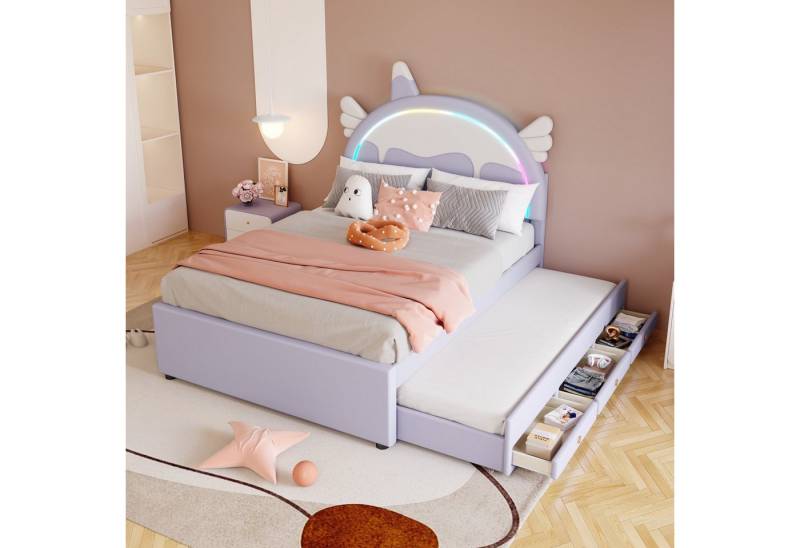 STILVORA Kinderbett 140x200 Polsterbett mit matratze&ausziehbett,Bettgestell mit Stauraum (140x200cm), mit Matratze von STILVORA