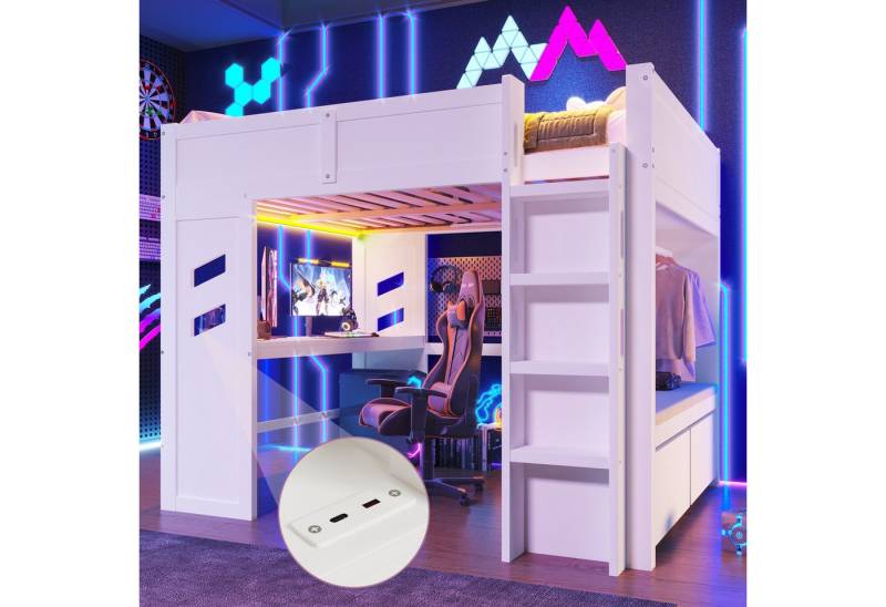 STILVORA Kinderbett 140×200 mit LED&Tisch,Jugendbett Holzbett mit Stauraum&USB+TYP-C (mit Gaming-Schreibtisch, LED-Beleuchtung, USB- und Typ-C-Anschlüssen, Wäscheleine und Schubladen, 140x200 cm), ohne Matratze von STILVORA