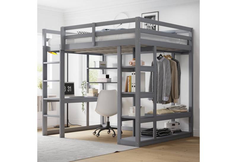 STILVORA Kinderbett 140×200 mit Leiter,Jugendbett mit Tisch,Regalen&Kleiderbügeln,Grau (mit integriertem Kleiderschrank, Regalen und 140x200 cm Matratzenbereich, aus Massivholz mit Schreibtisch, Stauraum und Leiter), ohne Matratze von STILVORA