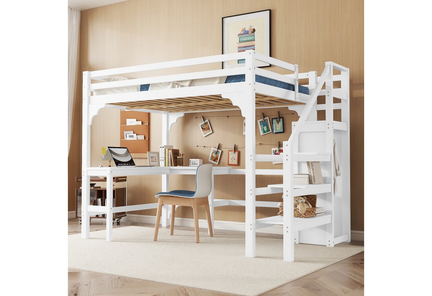 STILVORA Kinderbett 140x200 mit MatratzeSchreibtisch,Holzbett Jugendbett mit Regelen (mit L-förmigem Schreibtisch und offenem Kleiderschrank, 140 x 200 cm), ohne Matratze von STILVORA