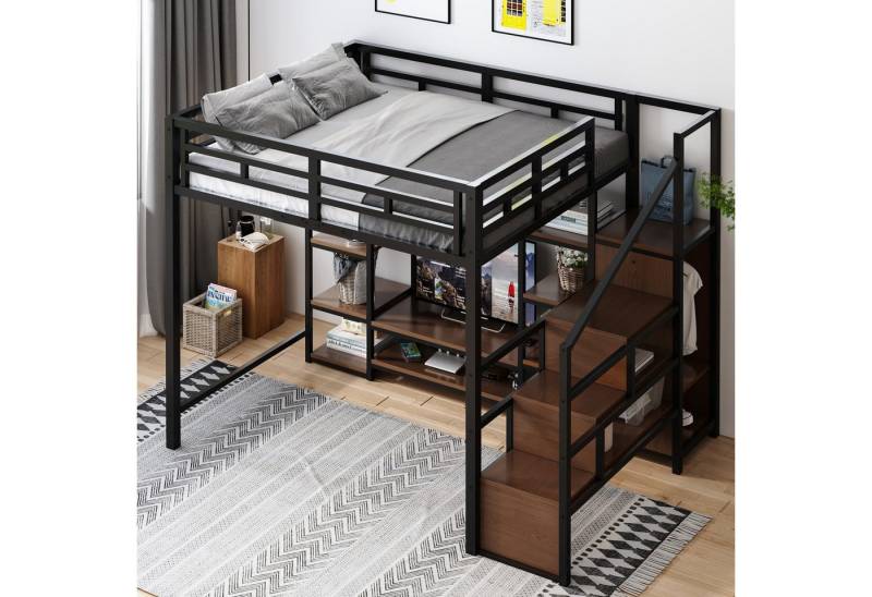 STILVORA Kinderbett 140x200 mit Staufach&TV-Ständer,Kinderbett Eisenbett mit Steckdose (mit integriertem TV-Regal, Steckdose & Sicherheitsleiter, Metall-Holz-Struktur, 140x200 cm), ohne Matratze von STILVORA