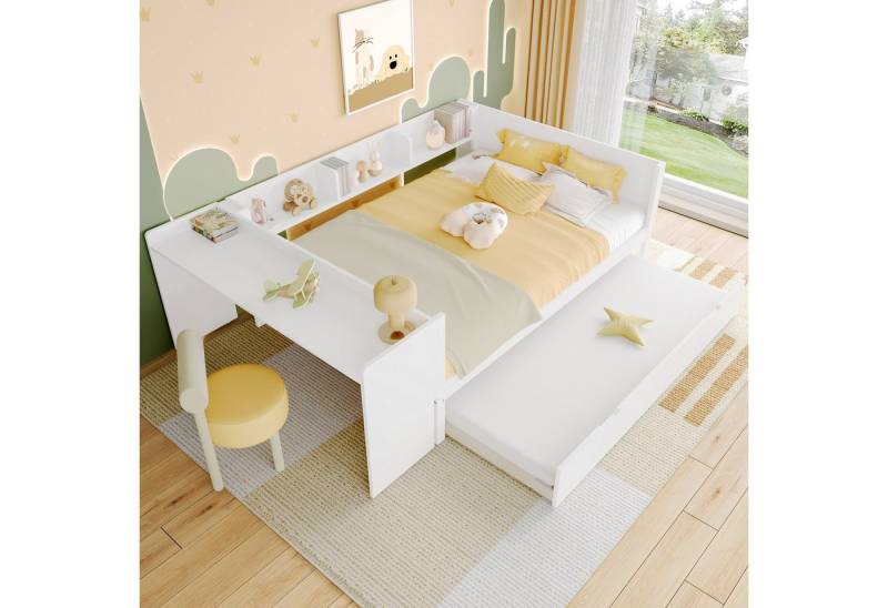 STILVORA Kinderbett 140×200 mit schreibtisch,Schlafsofa Tagesbett ausziehbar ohne matratze (mit integriertem Schreibtisch, Rollbett und Regalen, Kiefernholz und Spanplatte, platzsparendes Design für kleine Räume, Doppelbett mit Stauraum für Kinder und Gäste, 140x200 cm), ohne Matratze von STILVORA