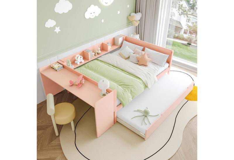 STILVORA Kinderbett 140×200 mit schreibtisch,Schlafsofa Tagesbett ausziehbar ohne matratze (mit integriertem Schreibtisch, Rollbett und Regalen, Kiefernholz und Spanplatte, platzsparendes Design für kleine Räume, Doppelbett mit Stauraum für Kinder und Gäste, 140x200 cm), ohne Matratze von STILVORA