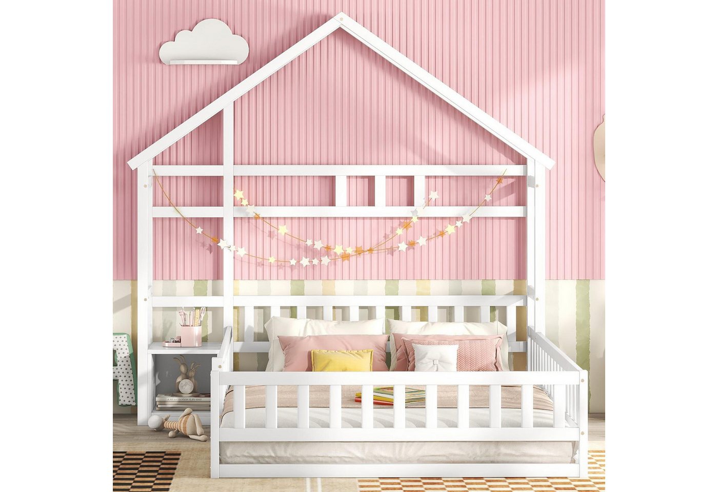 STILVORA Kinderbett 140x200 mit stauraum,Holzbett mit lattenrost,Hausbetten mit Geländer (Flachbetten140 x 200cm, mit Geländer Nachttischen), ohne Matratze von STILVORA