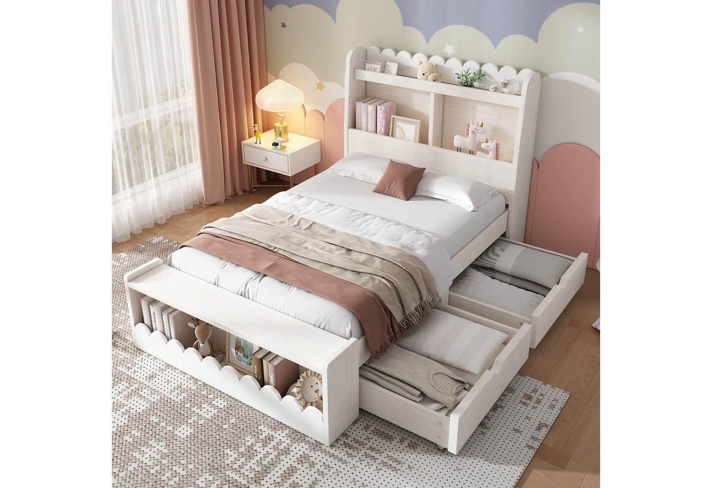 STILVORA Kinderbett 90×190 mit Ablage-Kopfteil,Bettgestell Holzbett mit Schublade&Bettbank (Einzelbett, Stauraumbett, 1-tlg., 90x190 cm, Ohne Matratze), mit Schubladen, Regal und Sitzbank von STILVORA