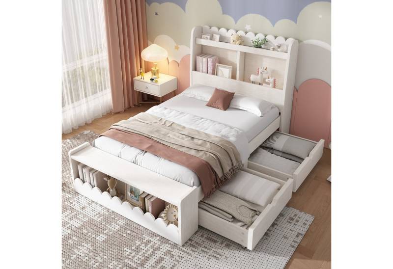 STILVORA Kinderbett 90×190 mit Ablage-Kopfteil,Bettgestell Holzbett mit Schublade&Bettbank (Einzelbett, Stauraumbett, 1-tlg., 90x190 cm, Ohne Matratze), mit Schubladen, Regal und Sitzbank von STILVORA