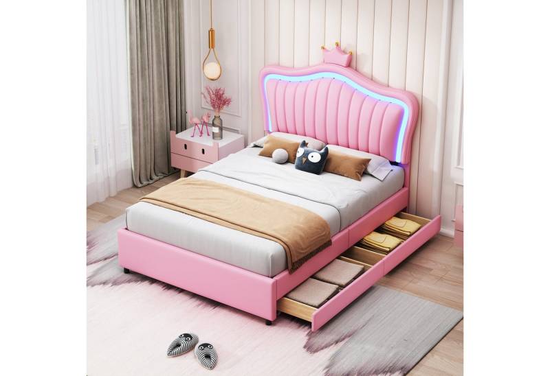 STILVORA Kinderbett 90x200 Polsterbet mit LED-Leuchten&Stauraum,Jugendbett ohne Matratze (Krone Mädchen Einzelbettgestell kunstleder mit Aufbewahrungsschubladen, LED-Leuchten, Lattenrost und Rückenlehne), Ohne Matratze von STILVORA