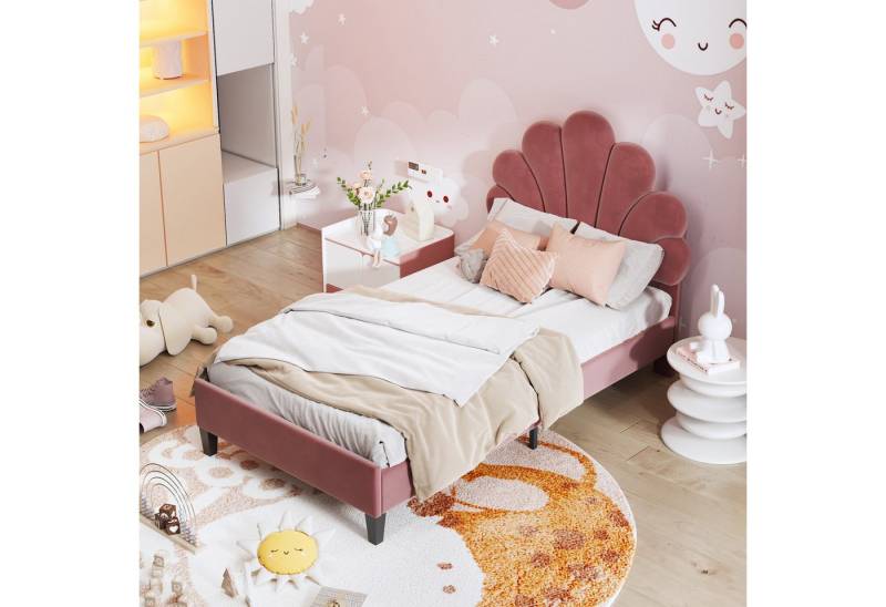 STILVORA Kinderbett 90x200 Polsterbett Gästebett mit Lattenrost,Jugendbett ohne Matratze (hautfreundlichem Samtstoff, mit Kopfteil in Blumenform und Lattenrost), Ohne Matratze von STILVORA