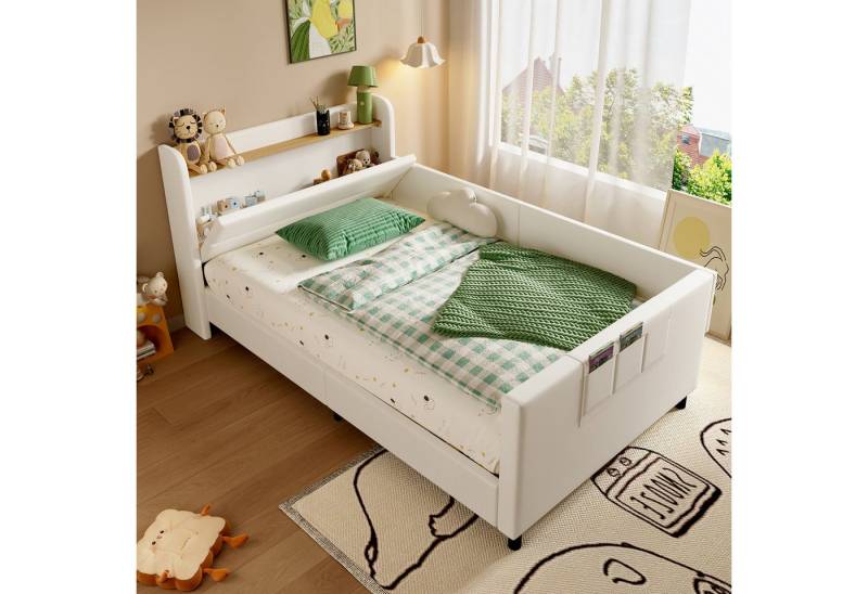 STILVORA Kinderbett 90x200 Polsterbett mit matratze & Stauraum,Schlafsofa mit Bettfunktion (Praktisches Polsterbett-Spleißbett mit Stauraum und erhöhtem Zaunbrett, mit Nachttisch und 3 Aufbewahrungstaschen, mit Metallrahmen, Kombinierbar mit Elternbett 90x200 cm), Mit Matratze von STILVORA