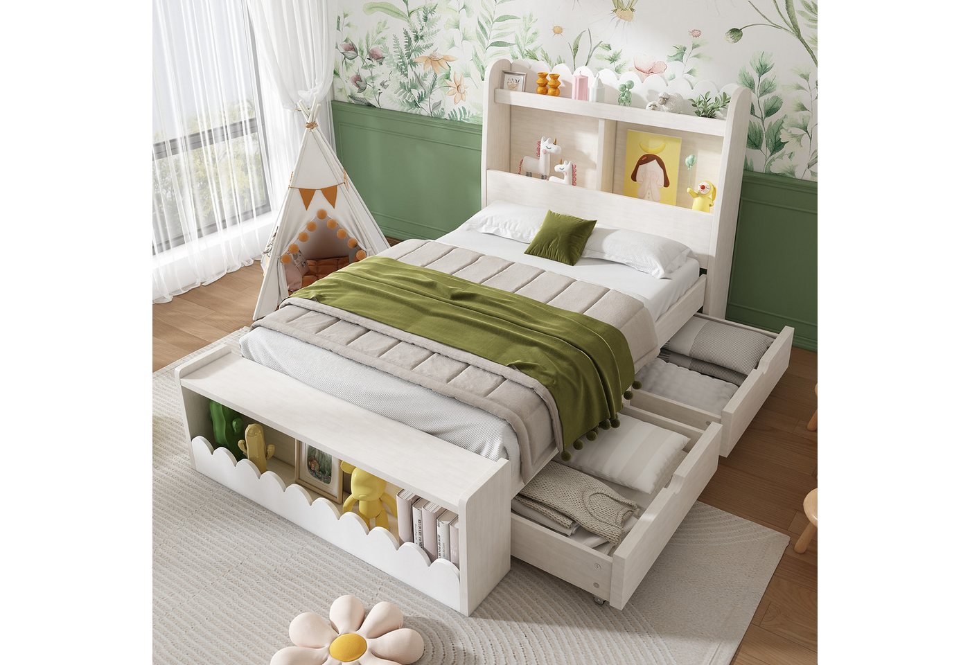 STILVORA Kinderbett 90×200 mit Ablage-Kopfteil,Bettgestell Holzbett mit Matratze&Bettbank (Einzelbett, Stauraumbett, 1-tlg., 90x200 cm, Ohne Matratze), mit Schubladen, Regal und Sitzbank von STILVORA