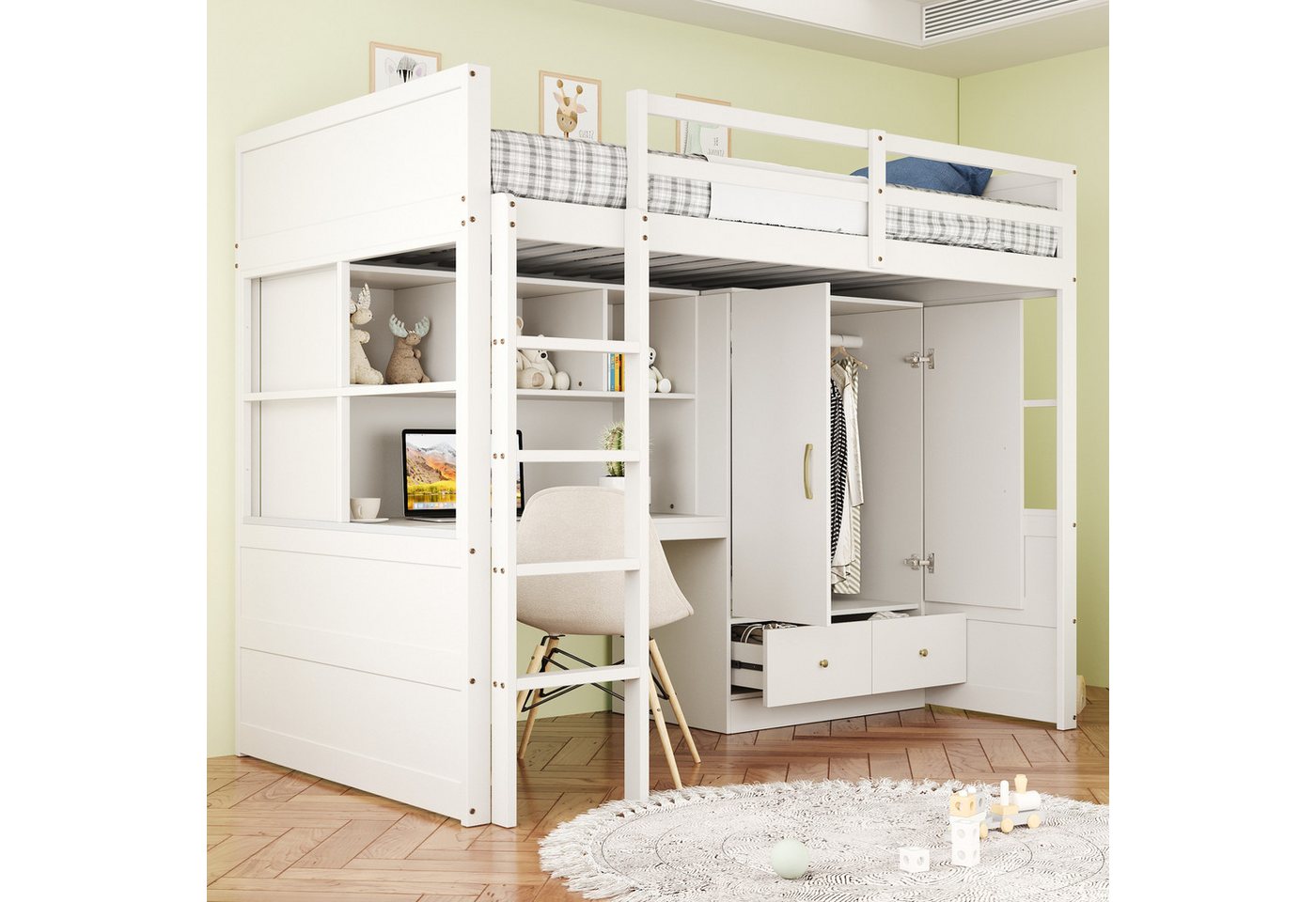 STILVORA Kinderbett 90x200 mit Kleiderschrank,Jugendbett Bettgestell mit Schreibtisch (mit Leiter, Schreibtisch & Stauraum, Kleiderschrank und Schubladen, 90x200 cm), ohne Matratze von STILVORA