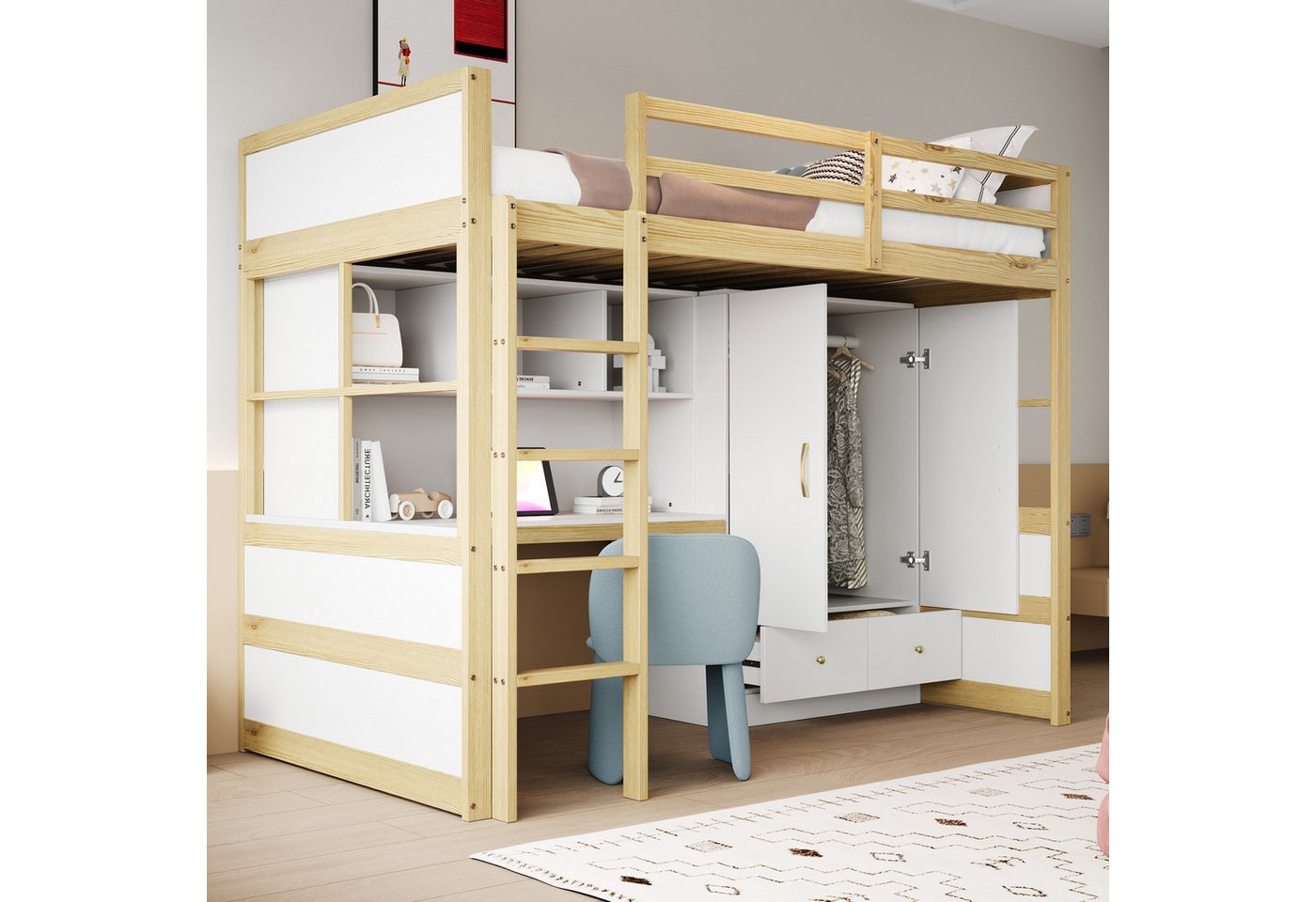 STILVORA Kinderbett 90x200 mit Kleiderschrank,Jugendbett Bettgestell mit Schreibtisch (mit Leiter, Schreibtisch & Stauraum, Kleiderschrank und Schubladen, 90x200 cm), ohne Matratze von STILVORA