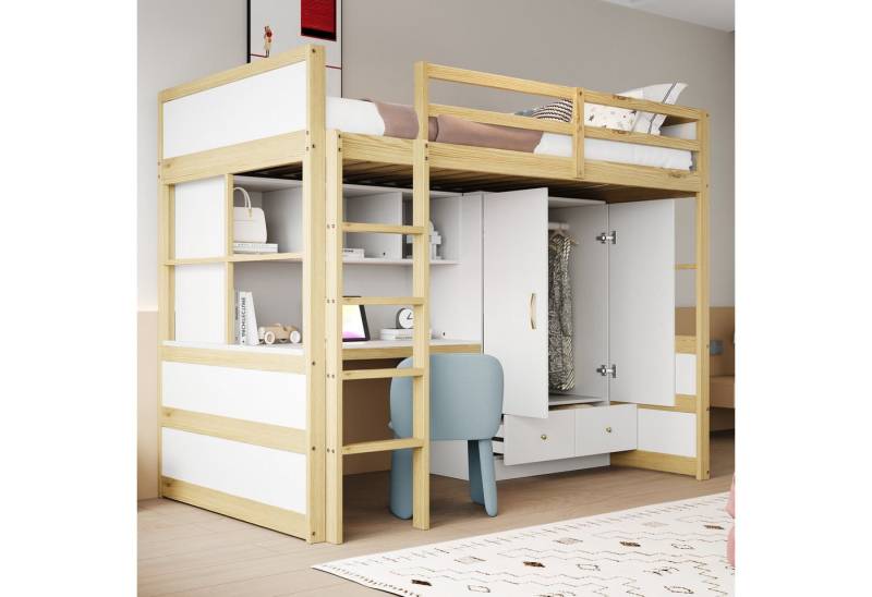 STILVORA Kinderbett 90x200 mit Kleiderschrank,Jugendbett Bettgestell mit Schreibtisch (mit Leiter, Schreibtisch & Stauraum, Kleiderschrank und Schubladen, 90x200 cm), ohne Matratze von STILVORA