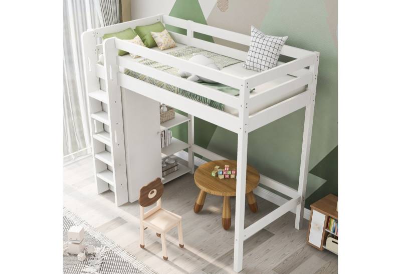 STILVORA Kinderbett 90×200 mit Kleiderschrank,Kinderbett Holzbett mit Geländer&Ablagefach (mit Aufhängestange aus Aluminiumlegierung, 90x200 cm -208x110x186(BxTxH), Kippschutz, Anti-Kollisions-Aufkleber), Einzelbett mit Kleiderschrank und 4 Regalen, massiver Kiefer von STILVORA