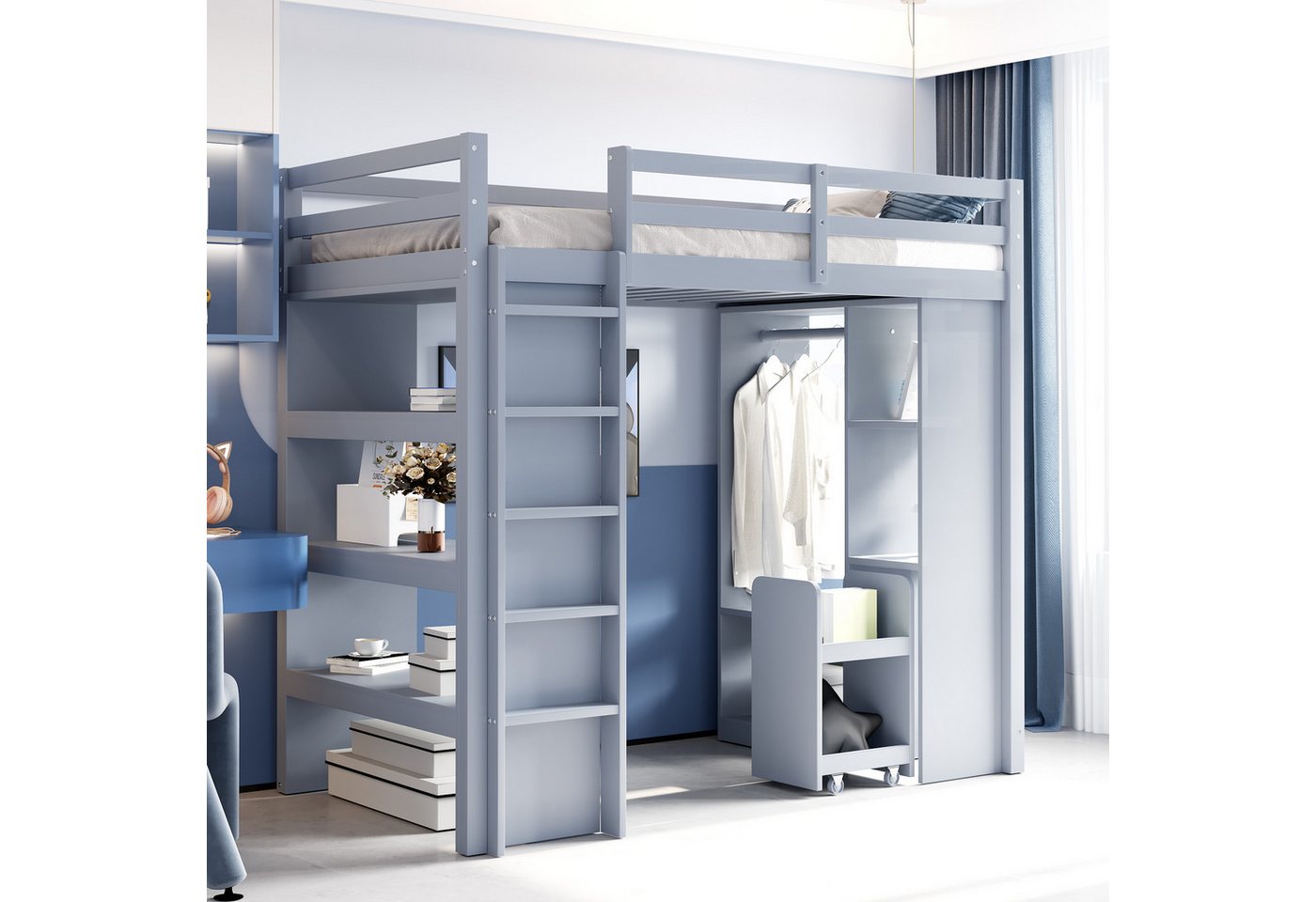 STILVORA Kinderbett 90×200 mit Matratze®alen,Kinderbett mit Wagen,Kleiderbügel&Stauraum (90x200 cm mit Viel Stauraum, Abnehmbaren Trolley, Regalen & Aufhängestangen - Jugendbett mit Minimalistischem Design, für Kinder- & Teenagerzimmer), ohne Matratze von STILVORA