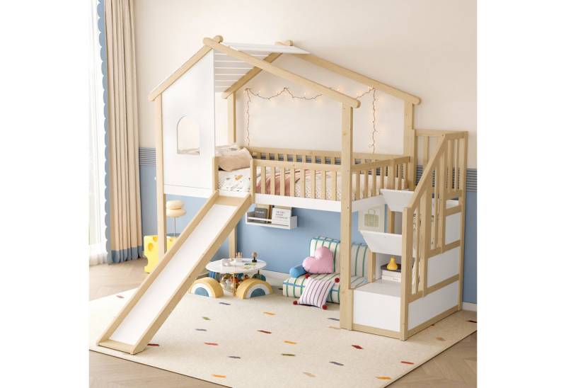 STILVORA Kinderbett 90×200 mit Matratze&Bettgitter,Jugendbett mit Leiter,Fenster&Rutsche (mit Rutsche, Stauraumleiter & Fenster, Sicheres Schlafumfeld, Märchenhafte Atmosphäre, 90x200 cm), mit matratze von STILVORA
