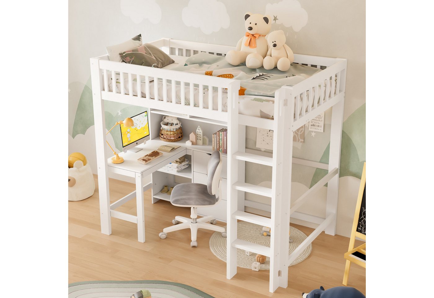 STILVORA Kinderbett 90x200 mit Matratze&Schreibtisch,Jugendbett Holzbett mit Ablagefächer (mit Schreibtisch, mehreren Ablagefächern und Schubladen, mit Sicherheitsgitter für sicheren Schlaf, 90x200cm), ohne Matratze von STILVORA