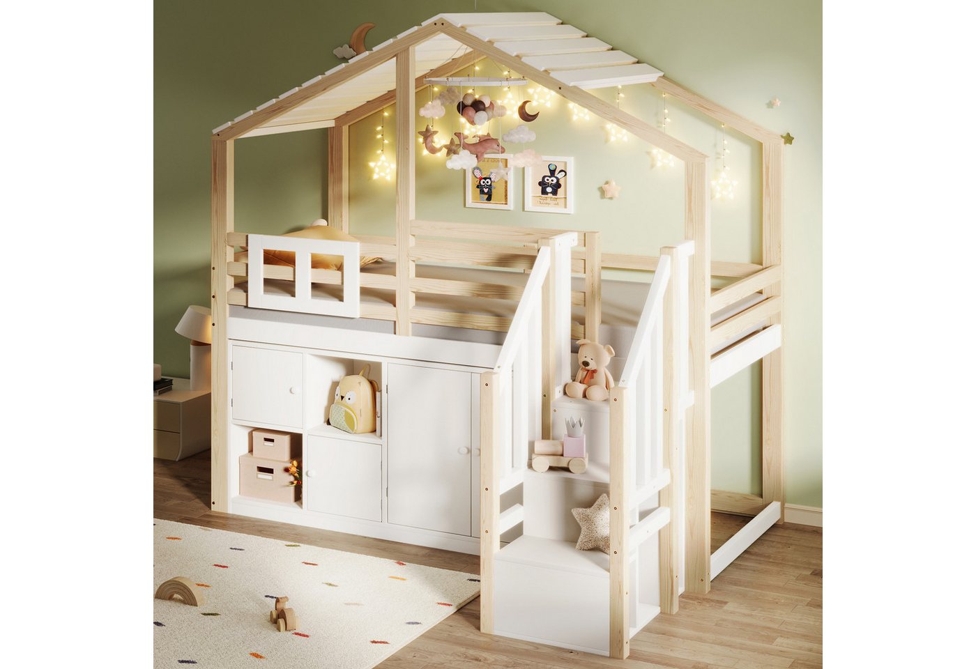 STILVORA Kinderbett 90x200 mit Matratze&Stauraum,Kinderbett Holzbett mit Dach&Bettgitter (mit Fenster & Stauraumleiter, sicheres Kinderbett aus Massivholz mit Bettgitter und mehreren Schließfächern, 90x200cm), ohne Matratze STILVORA Kinderbett 90x200 mit Matratze&Stauraum,Kinderbett Holzbett mit Dach&Bettgitter (mit Fenster & Stauraumleiter, sicheres Kinderbett aus Massivholz mit Bettgitter und mehreren Schließfächern, 90x200cm), ohne Matratze von STILVORA